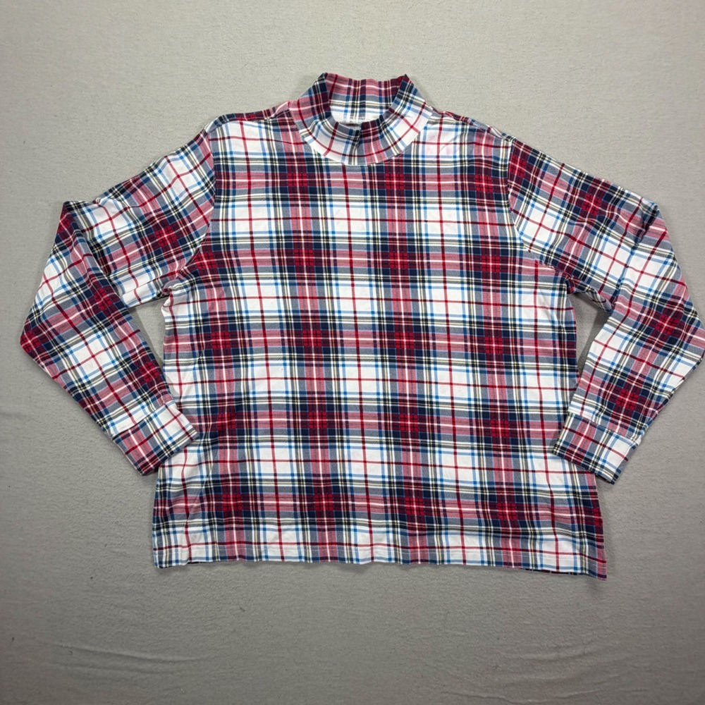 Lands' End Plaid Mock‎ Neck Top Womens XL Good Red White Blue Cotton Relaxed Fit